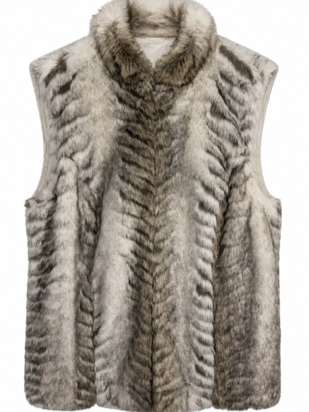 Faux Fur Vest | Cream Brown Chevron Print Rib Knit Back | Chico's | Sz XL